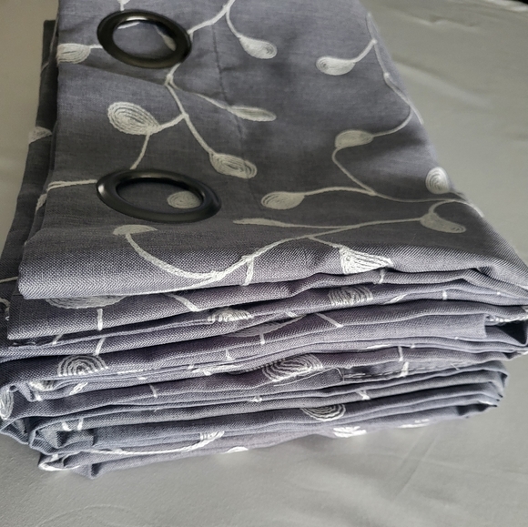 Floral Embroidered Semi Sheer Curtains Faux Linen Grommet Curtain Panels 52 x 95 - Picture 11 of 15